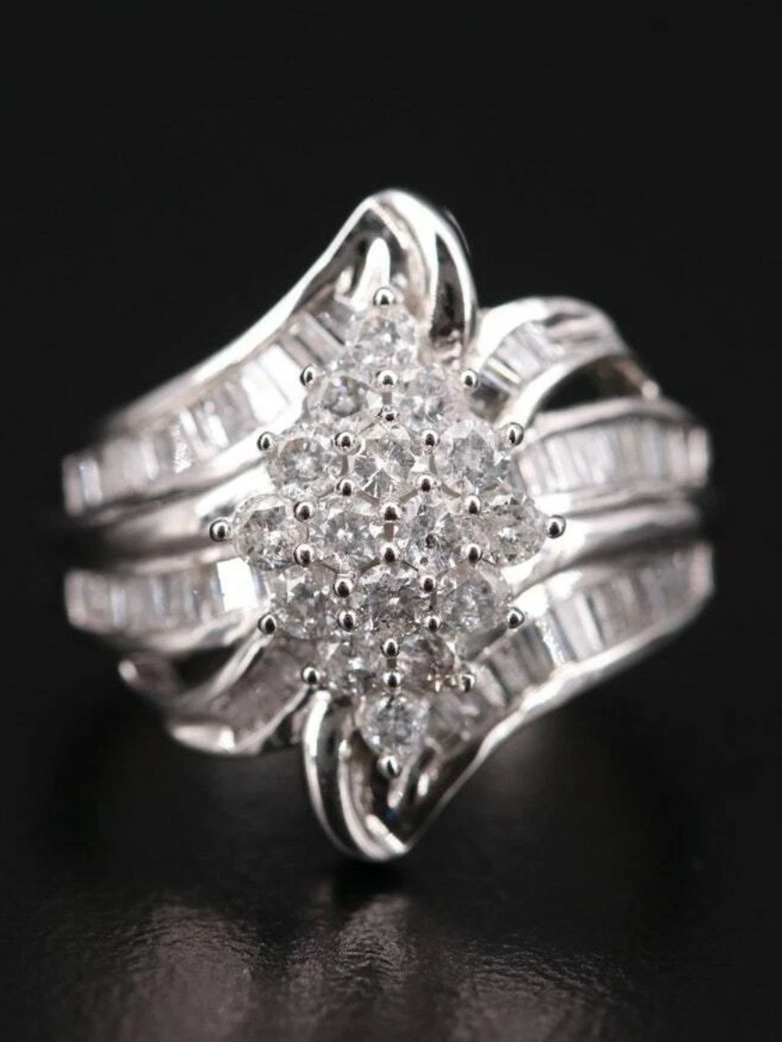 Jwbr Ladies 10k Solid White Gold Diamond Cluster Cocktail Ring 0.98 Ctw Size 6